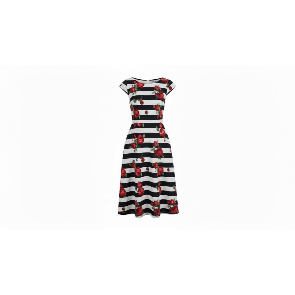 Rue21 Fit and Flare Dress Womens M Black White Red Excellent Striped Floral